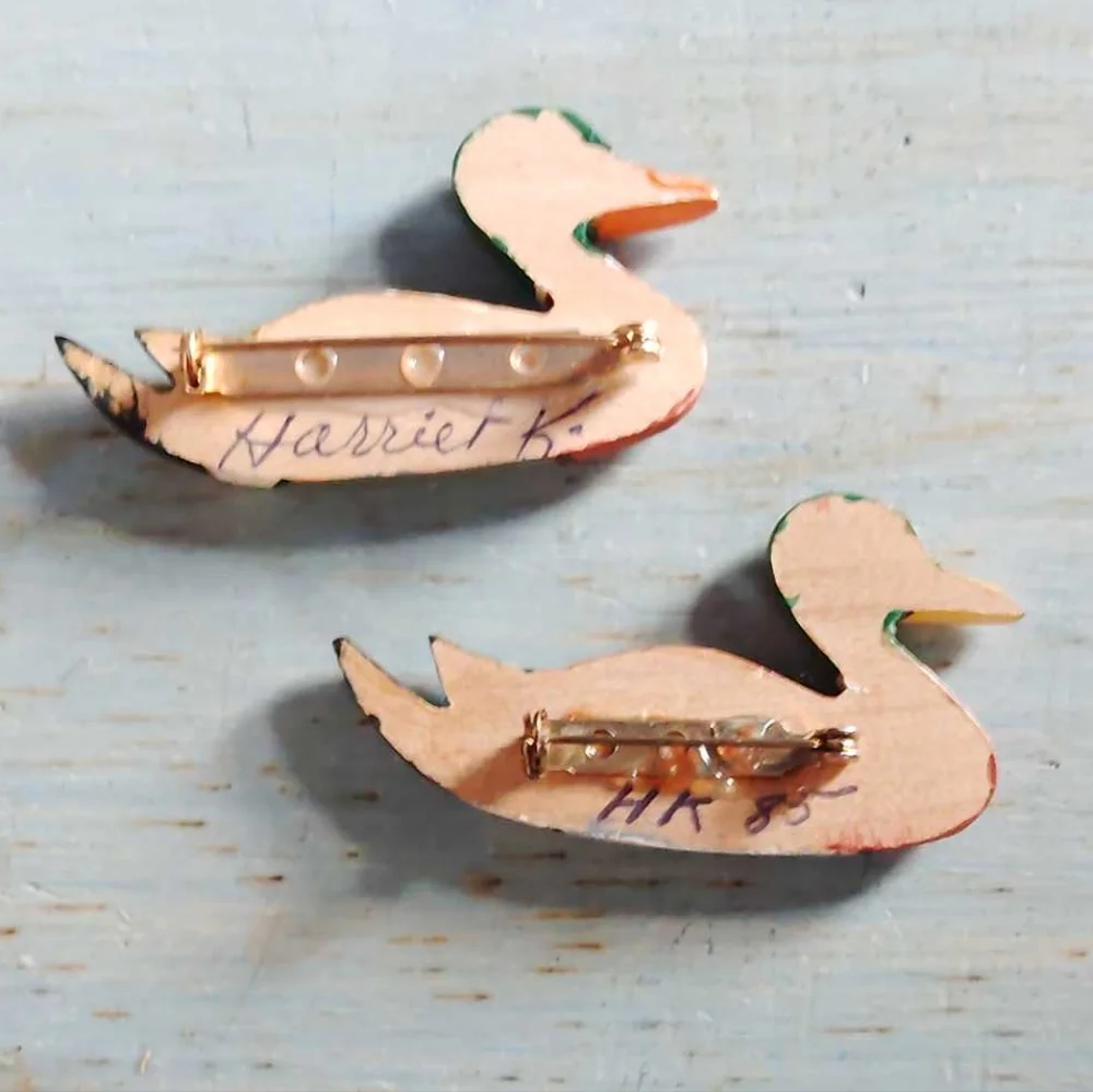 Pair Of Hand Painted Wooden Duck Brooches Signed By Artist 2